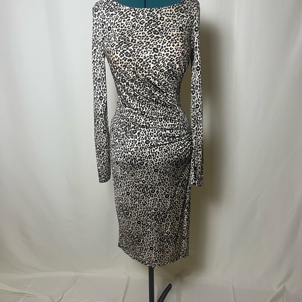 LK Bennett Long Sleeve Leopard-Print Midi Dress - Black & Cream